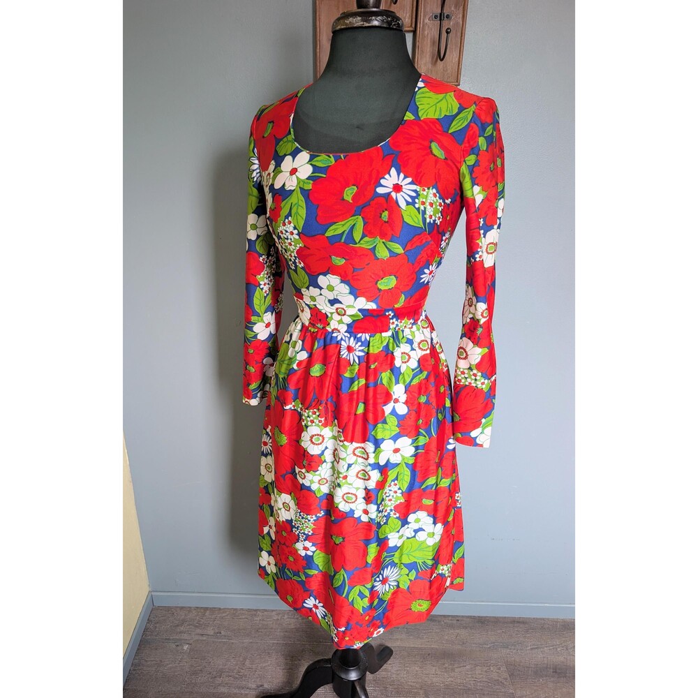 70s Vibrant Floral Dress; Vintage Long Sleeve Dress by Passport